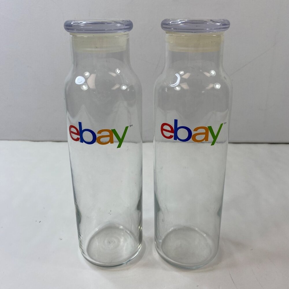 Two eBay Branded Glass Bottles With Airtight Lids 9.5" eBayana
